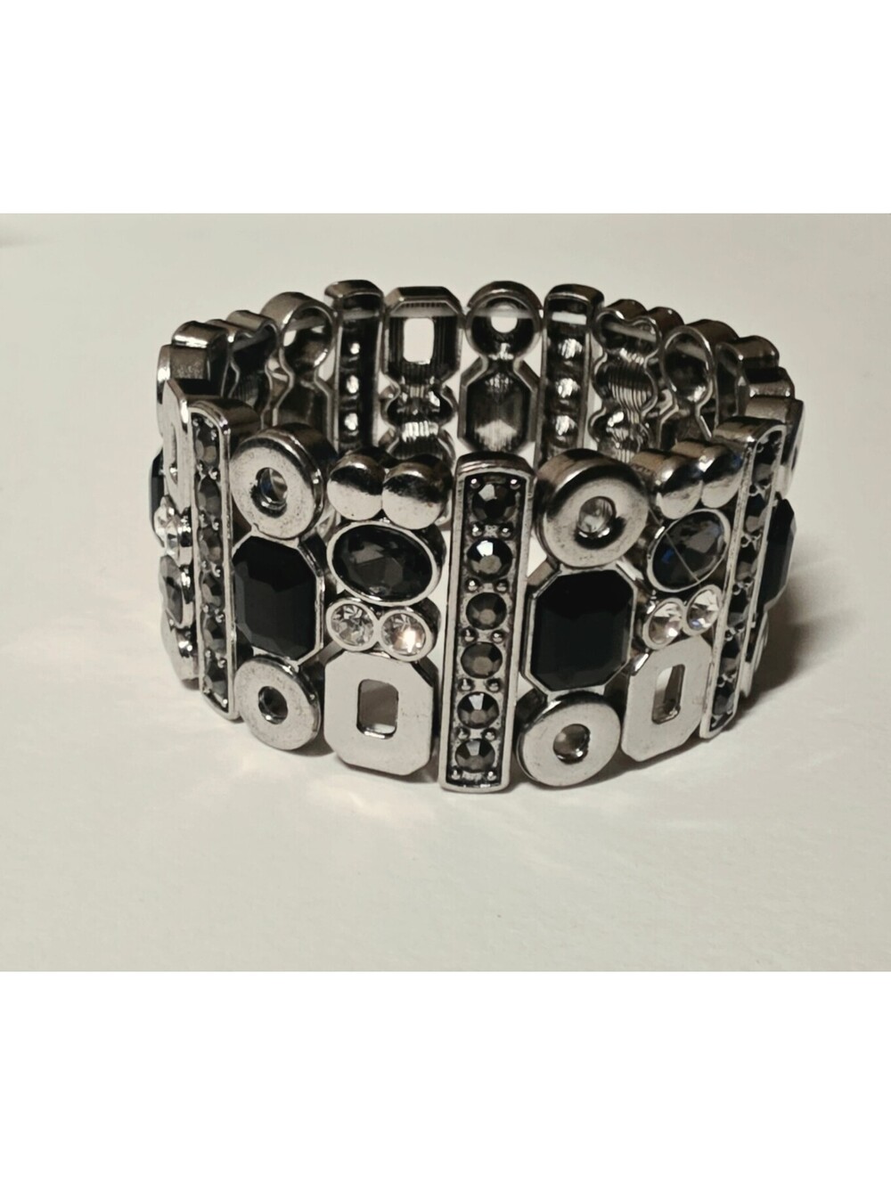 Silver Tone Stretch Bracelet with Black Geometric Stones